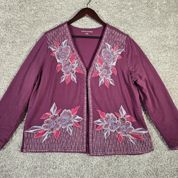 Soft Surroundings Playa Embroidered Jacket Womens Large Purple Beaded Sweater - Picture 1 of 13